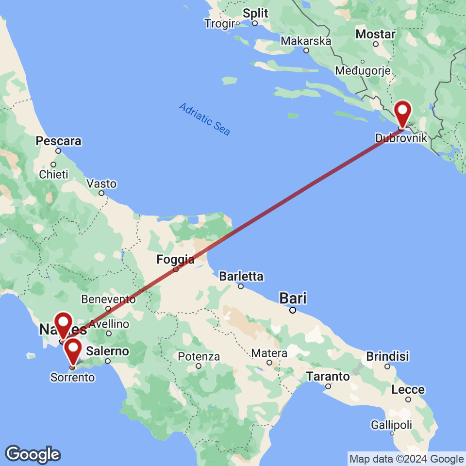 Route for Dubrovnik, Naples, Sorrento tour